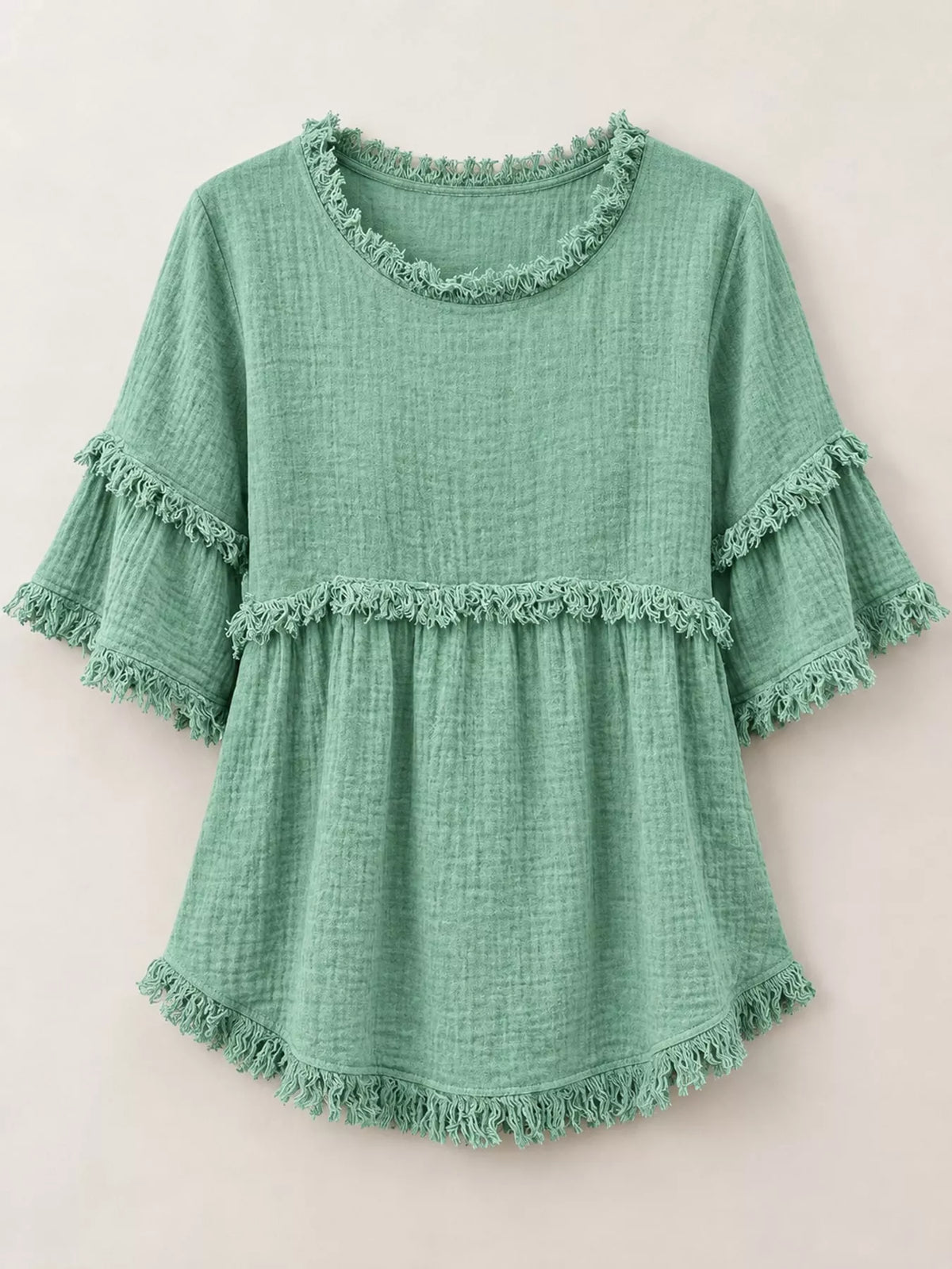 Green frayed edge textured blouse