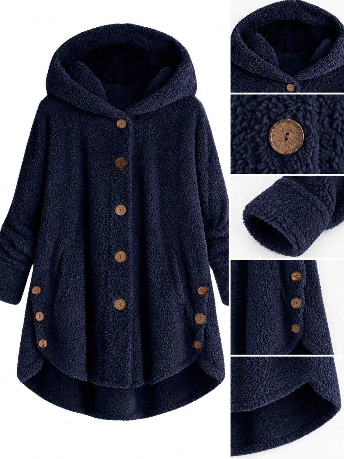 Navy fleece button-up hooded jacket with curved high-low hem, construction detail collage