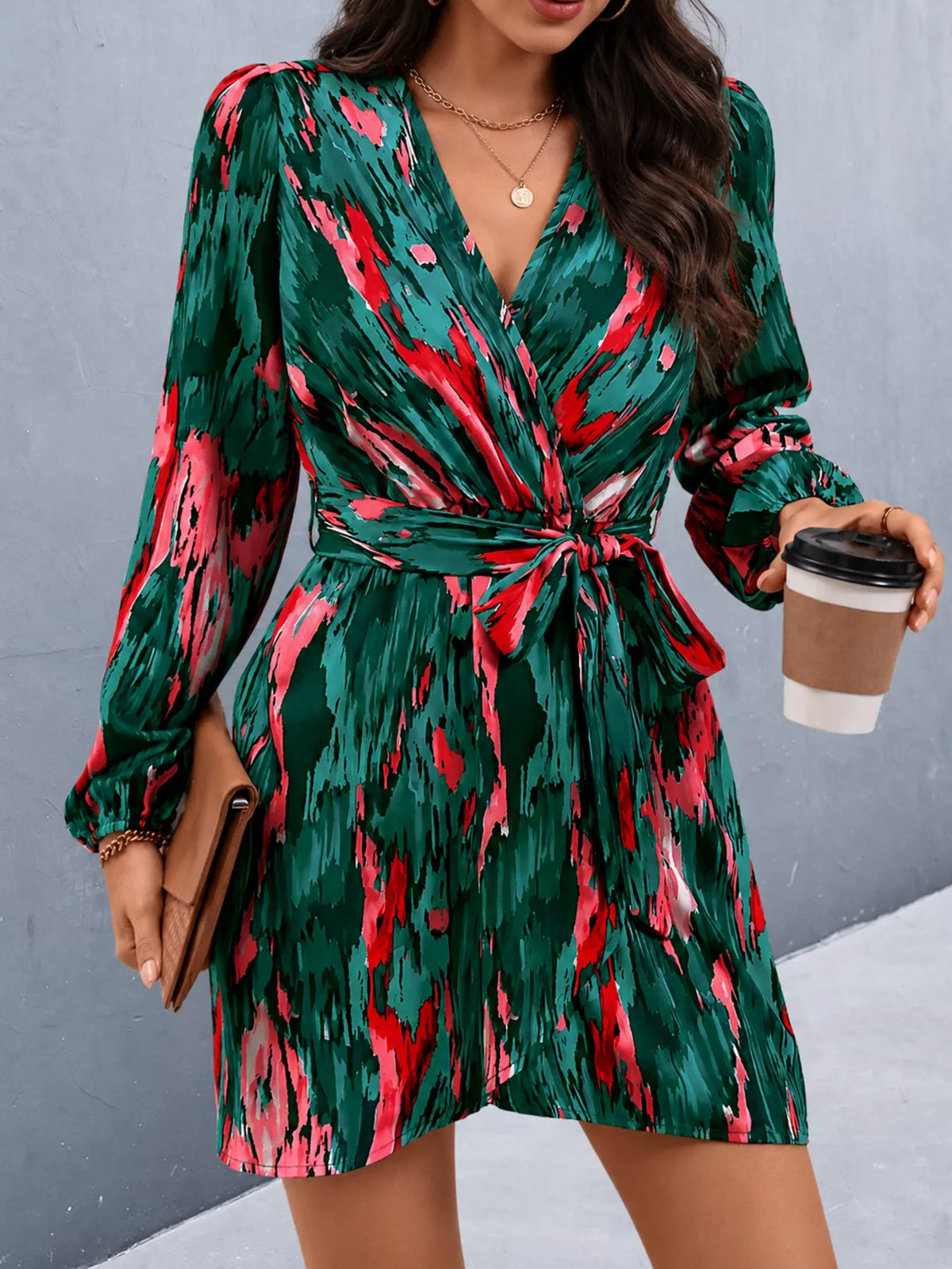 Long Sleeve Abstract Print Wrap Dress with Tie Waist in dark green