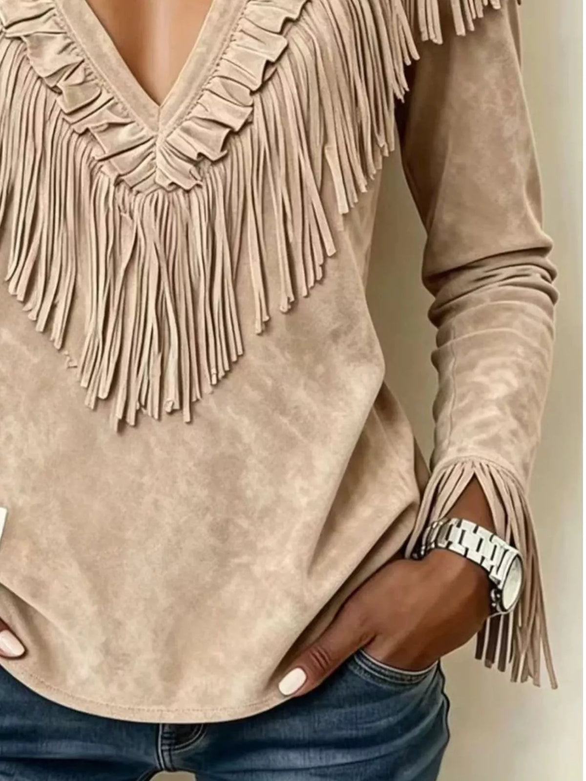 Fringed V-Neck Blouse in beige, fringe detail