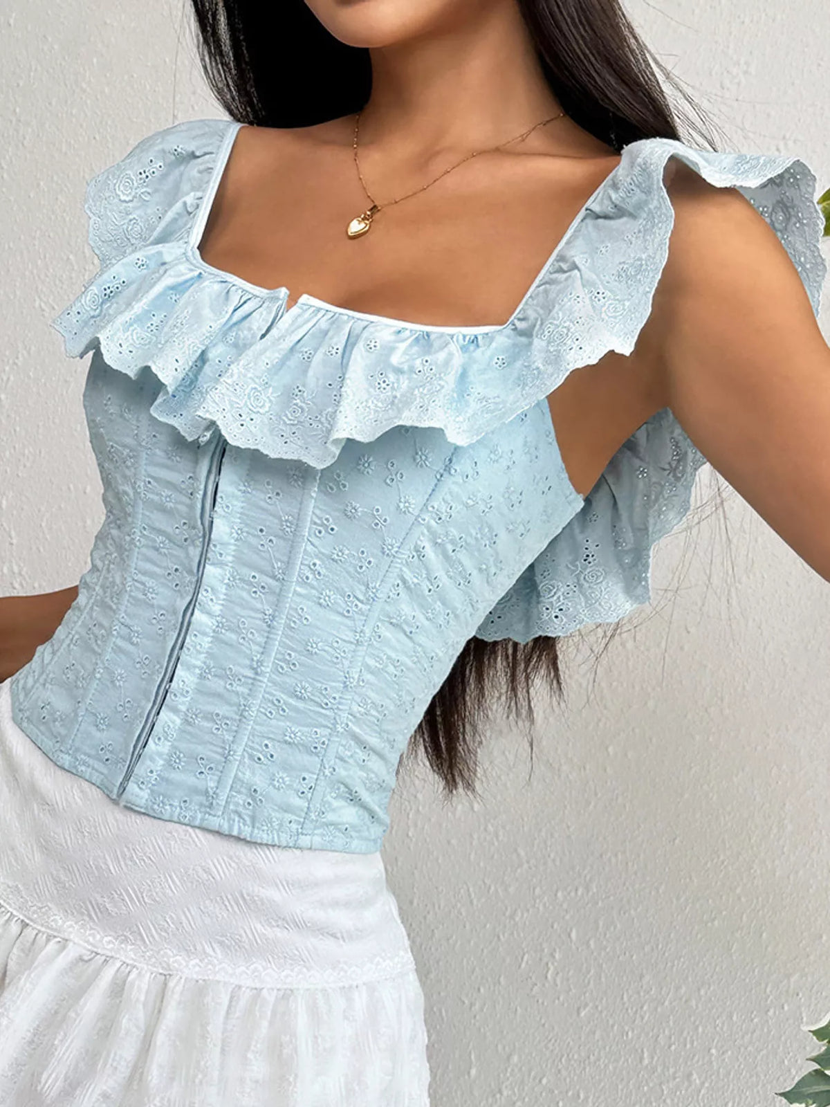 Eyelet corset top, blue angled front