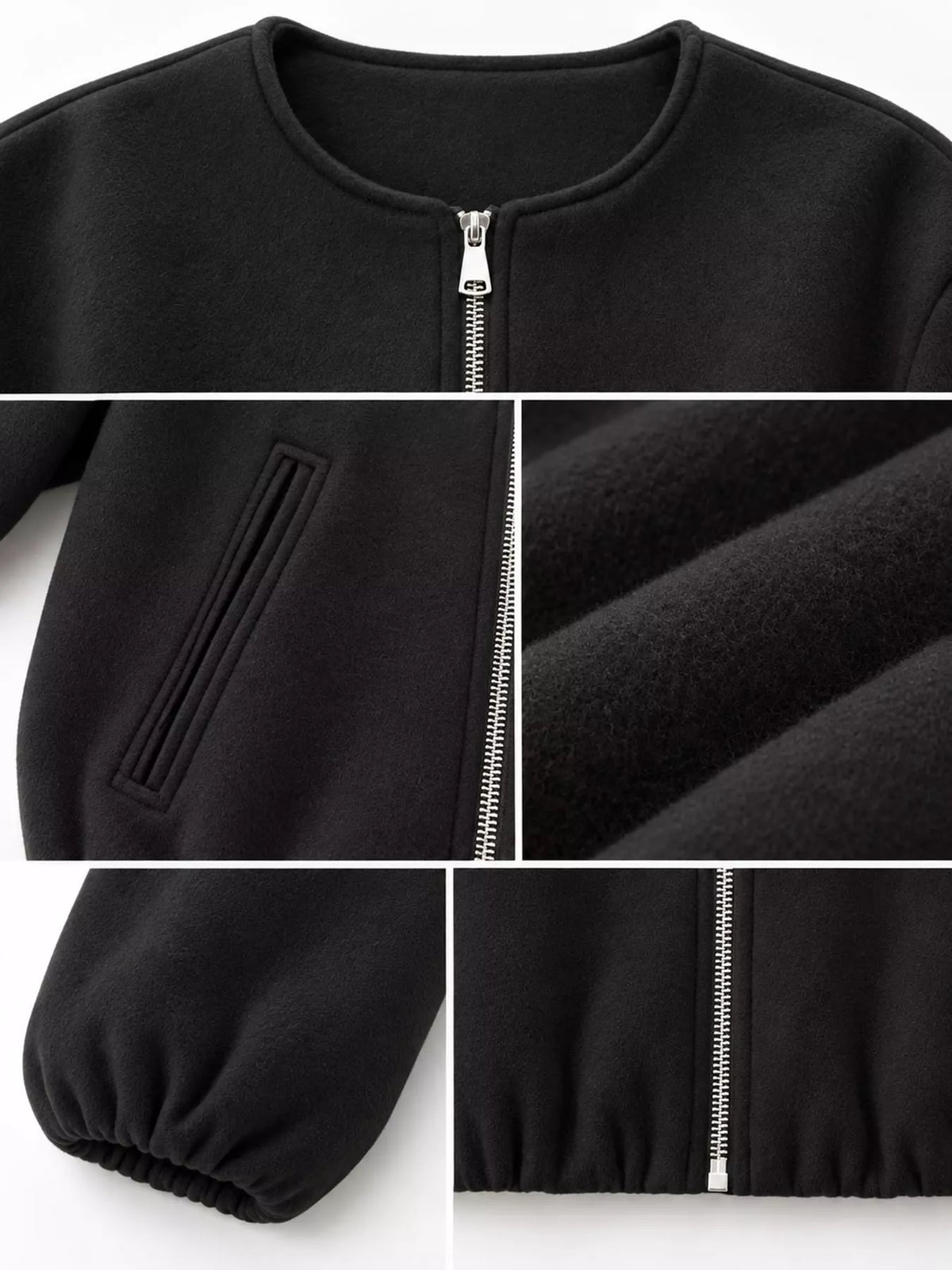 Black zip-up long sleeve jacket — design and construction details