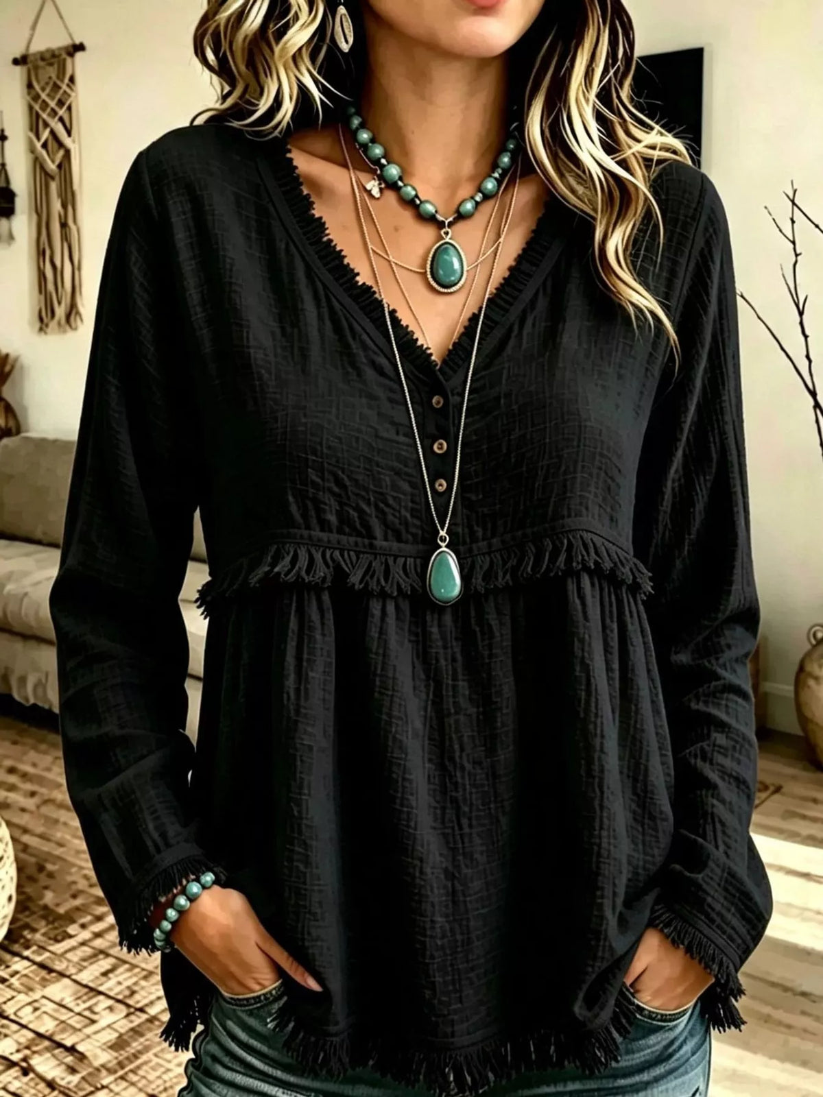 Fringe-trim blouse, black front