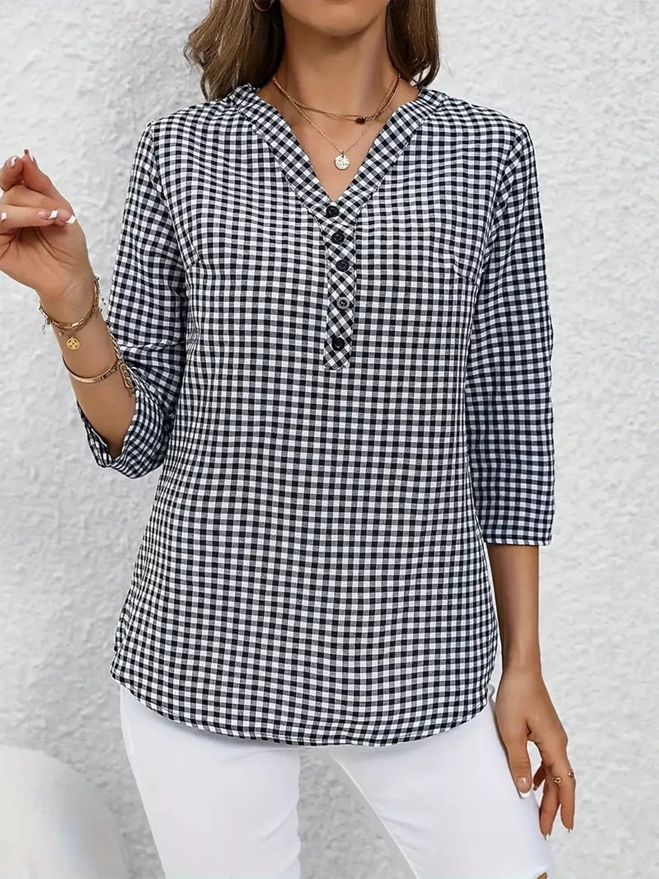 Trendsi Gingham Button Detail Blouse -