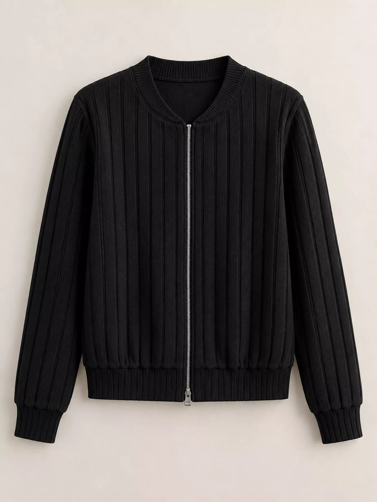 Ribbed Knit Zip-Up Bomber Jacket — garment front