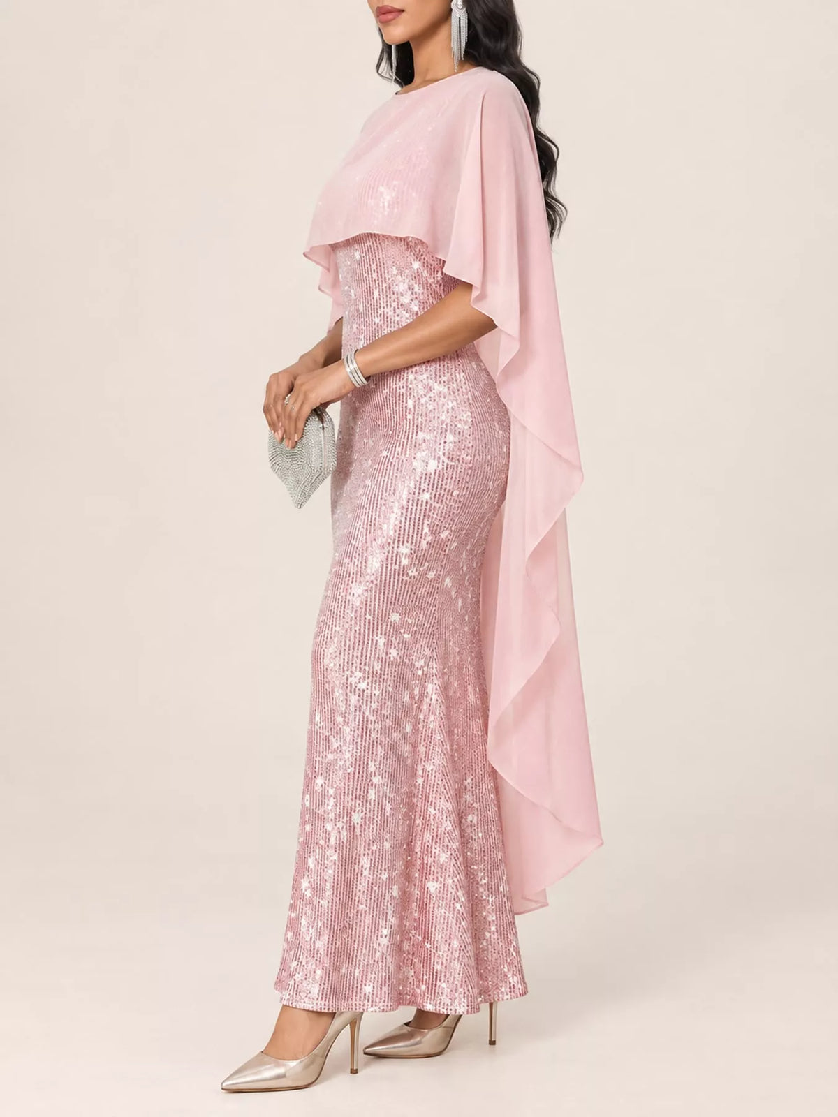 Women's Sequin Cape Overlay Evening Dress in pink — side view
