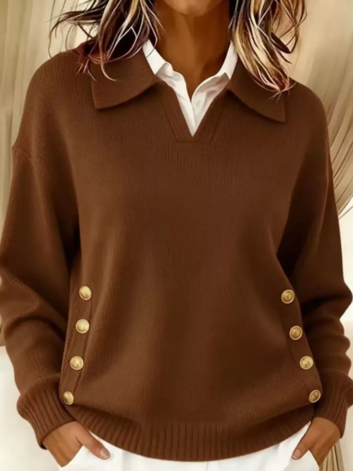 Women's Decorative Button Dropped Shoulder Sweater in Dark Brown, front view
