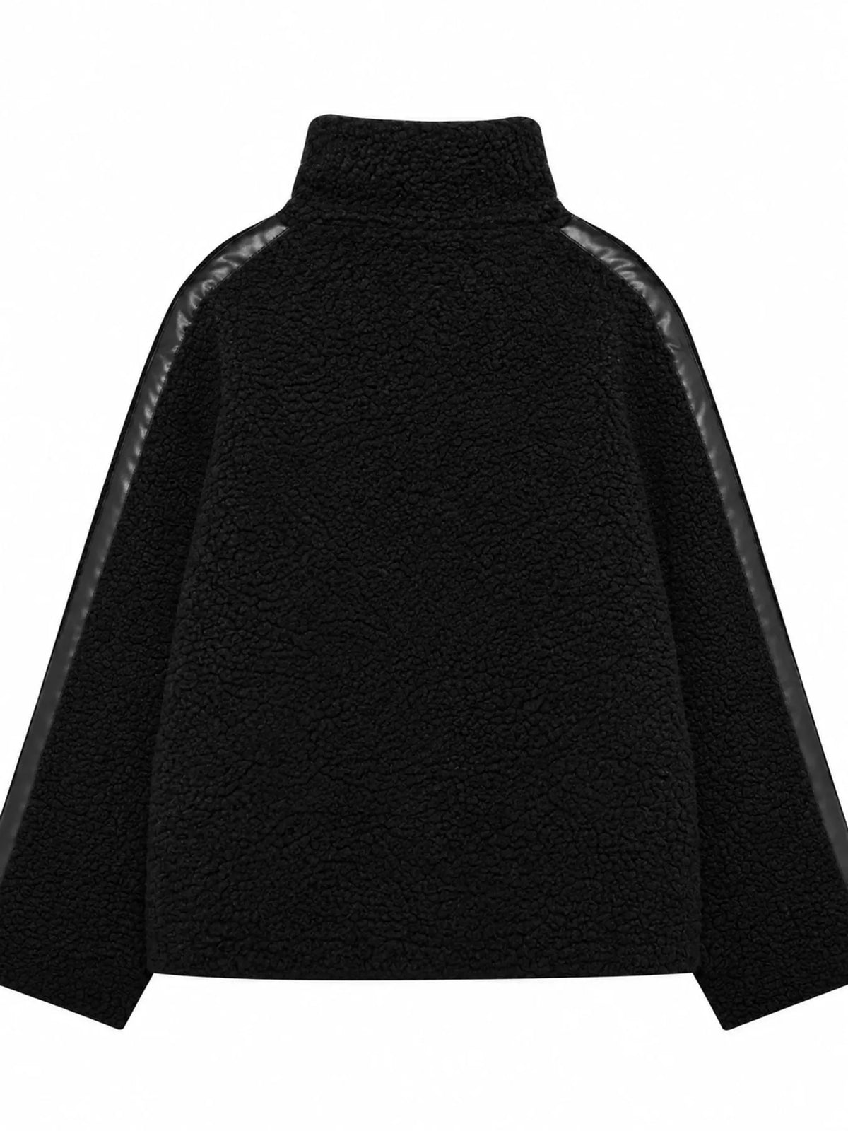 Black sherpa zip-up jacket, back view
