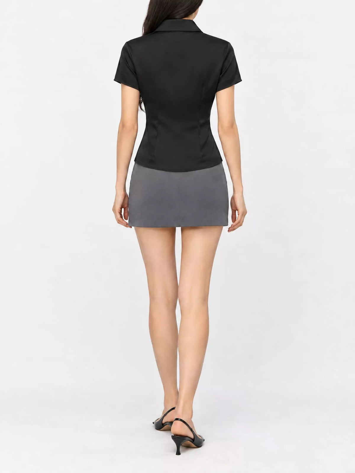 Satin Short Sleeve Button-Down Shirt, back view in black