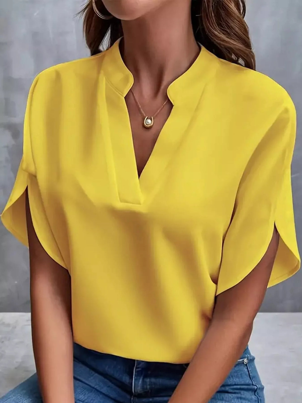 Women's Notched Slit Short Sleeve Blouse in yellow — front view