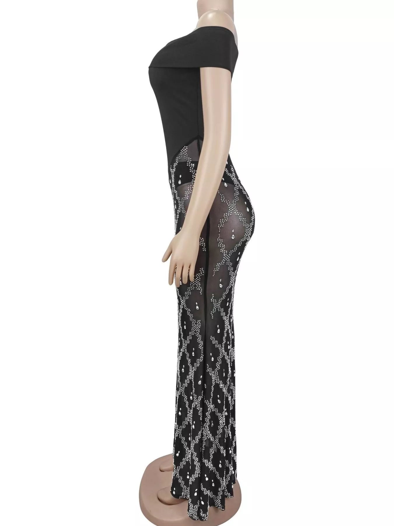 Trendsi Off-Shoulder Sheer Rhinestone Embellished Maxi Dress -