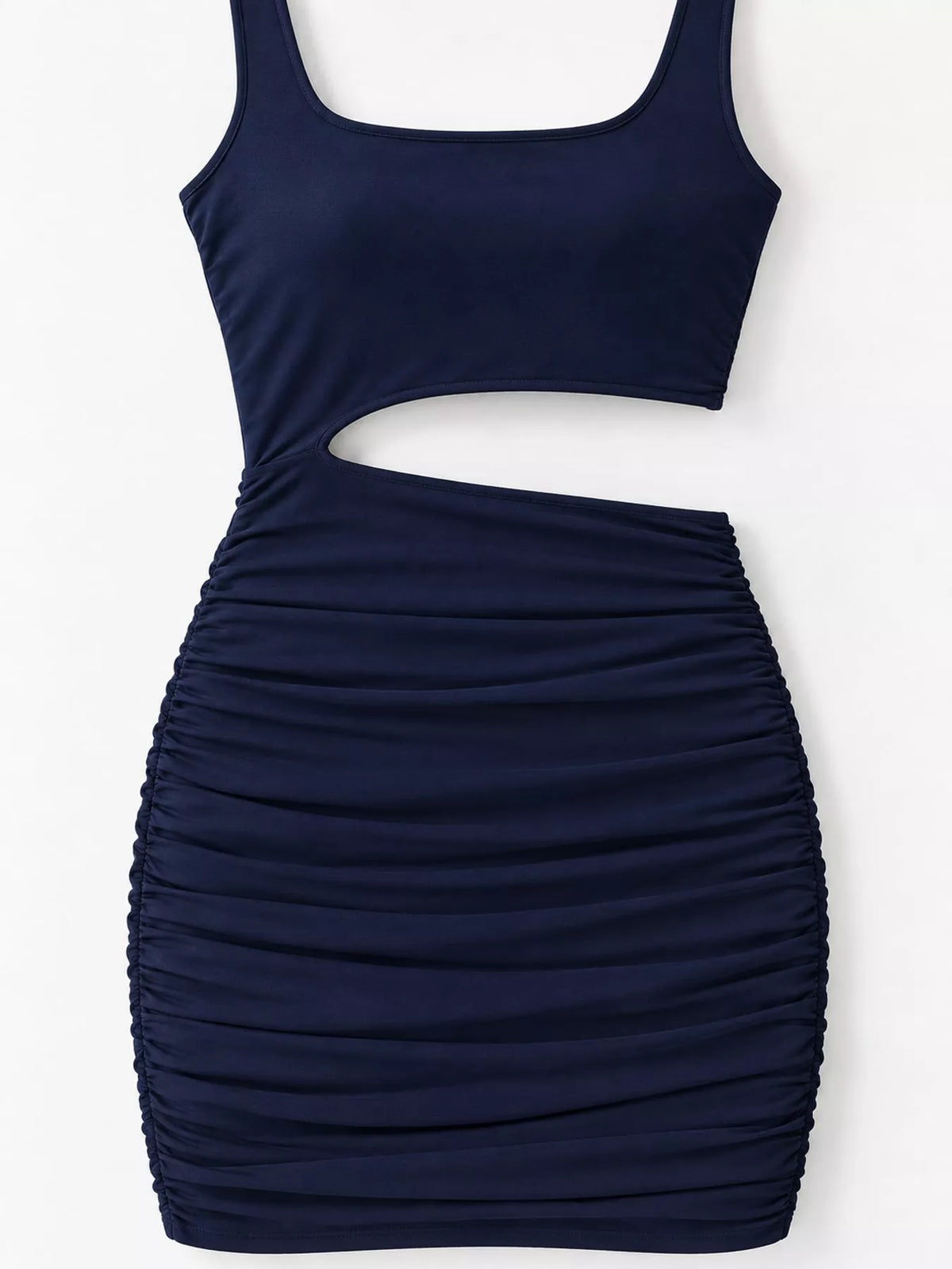 One-shoulder cutout dress, navy flat lay