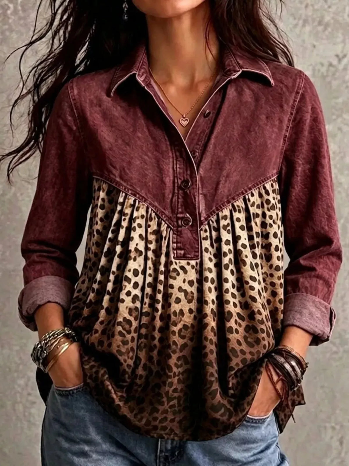 Burgundy leopard-panel button-front blouse, front view