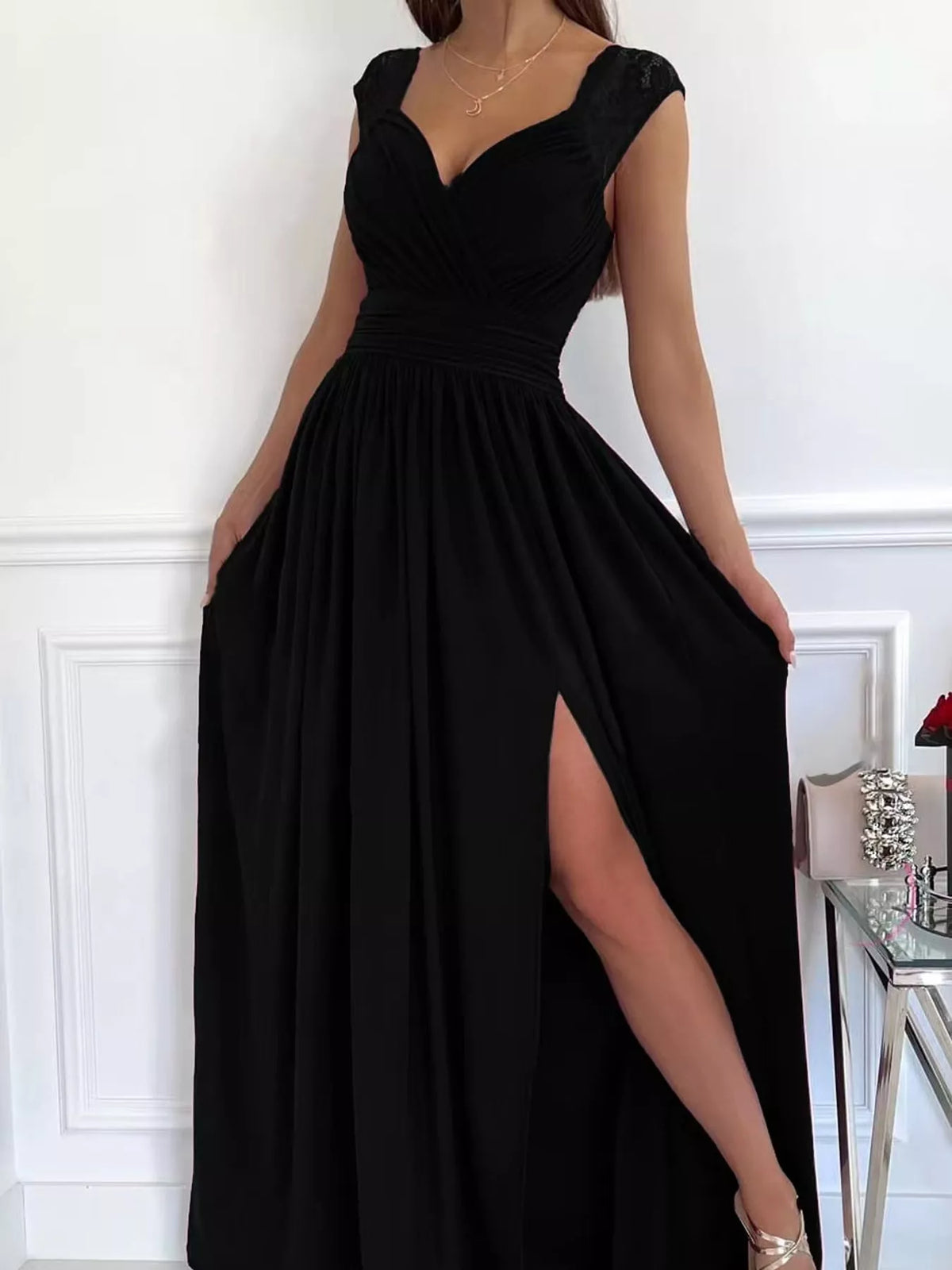 Slit Lace Sleeveless Maxi Dress — front view
