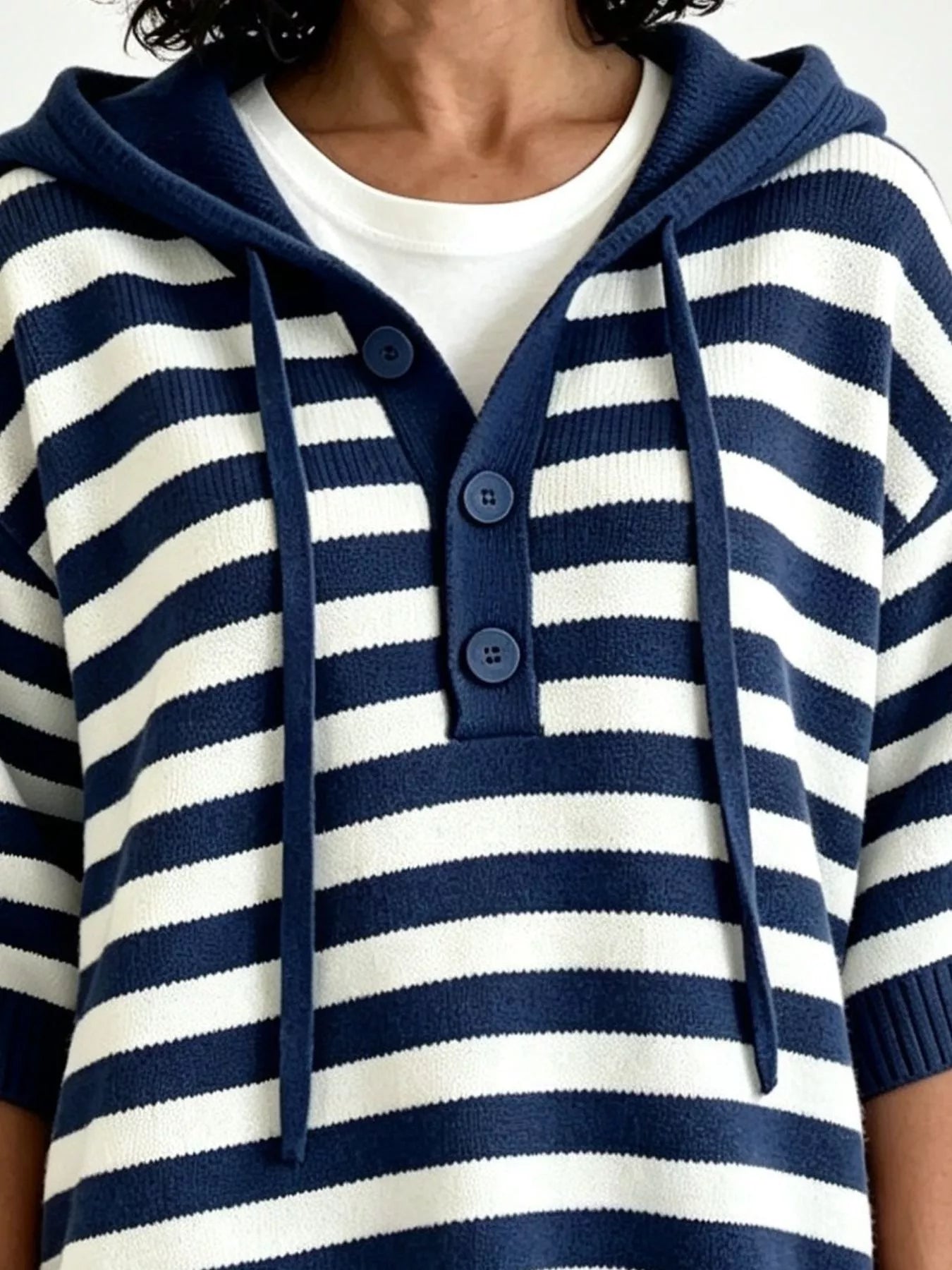 Trendsi Striped Hooded Sweater with Button Detail -