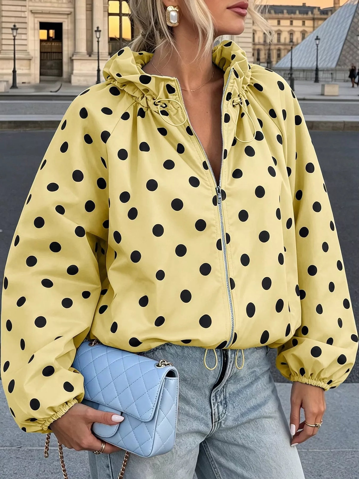 Polka Dot Drawstring Zip-Up Jacket — front view