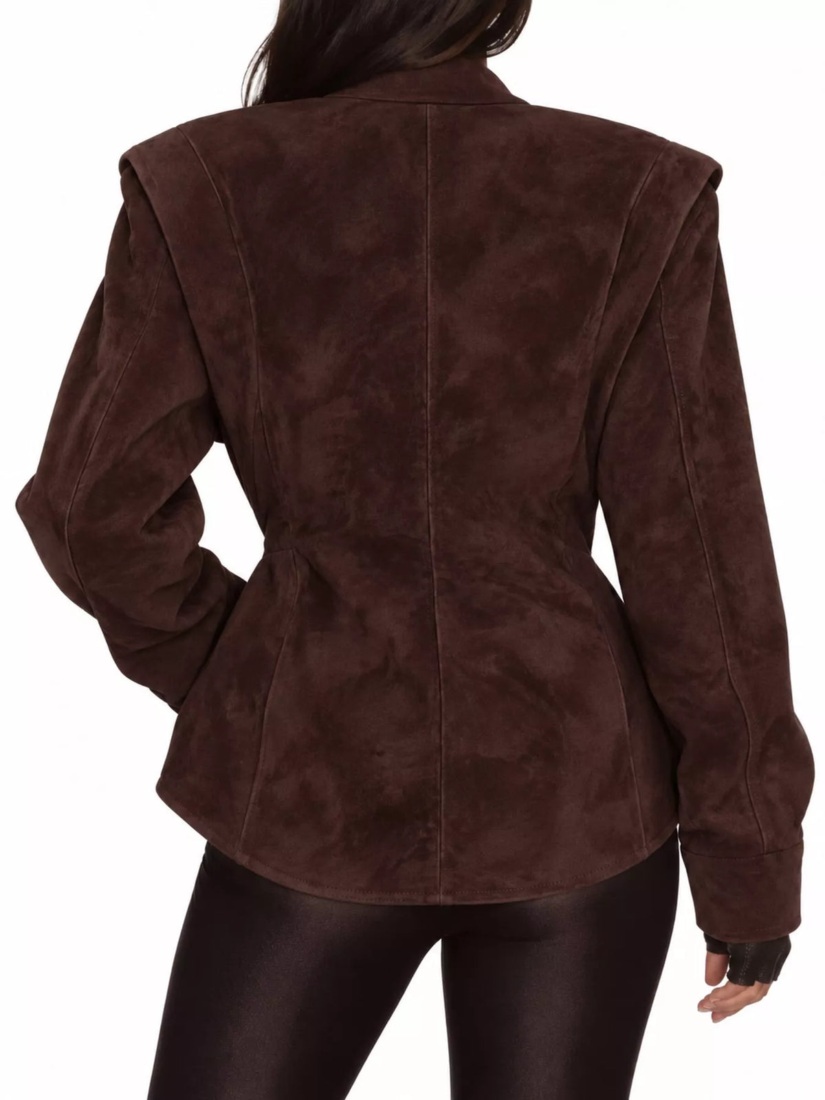 Coffee one button long sleeve blazer, back view