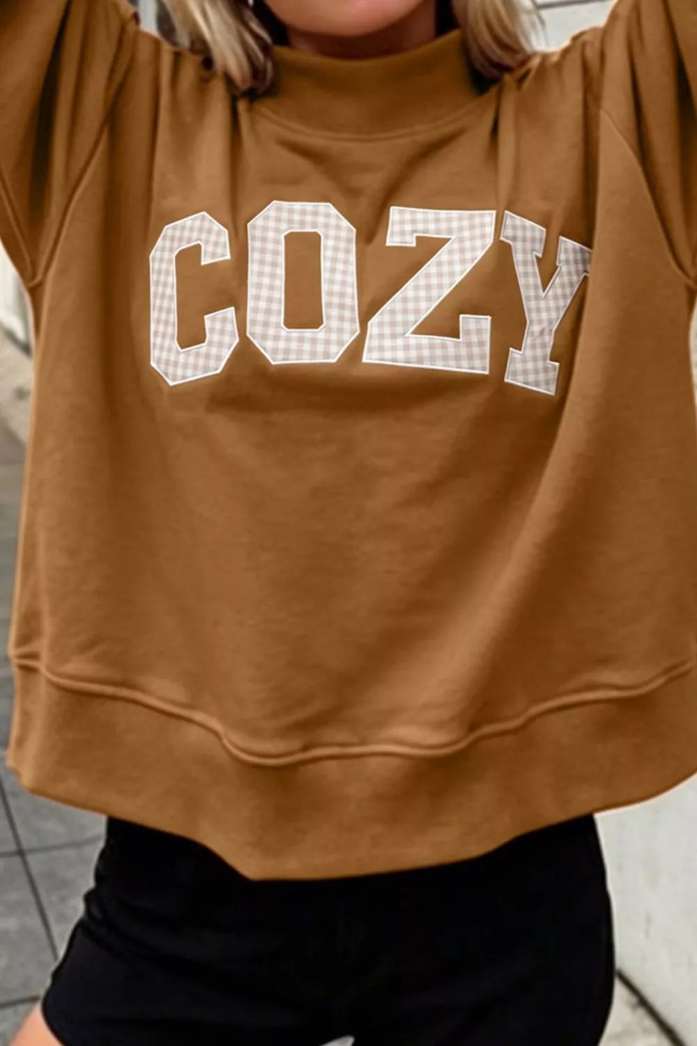 Trendsi Gingham Letter Mock Neck Sweatshirt -