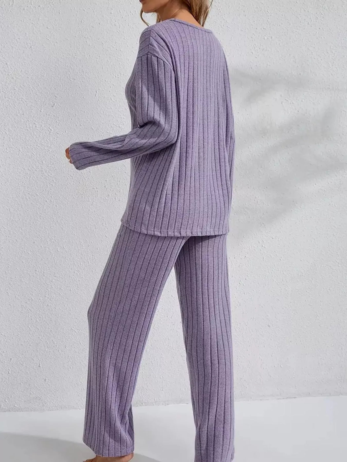 Ribbed Knit V-Neck Top and Pants Lounge Set, back view in purple