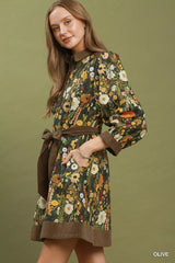 Trendsi Umgee Floral Print Belted Puff Sleeve Mini Dress -