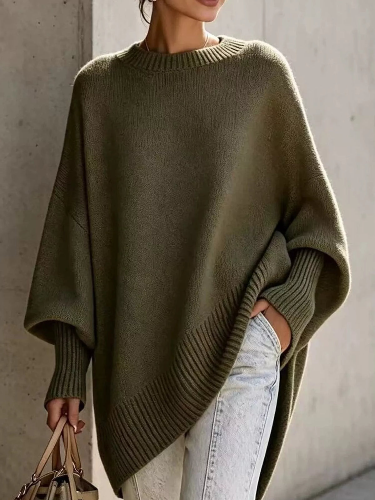 Ribbed Knit Dropped Shoulder Sweater in artemisia green
