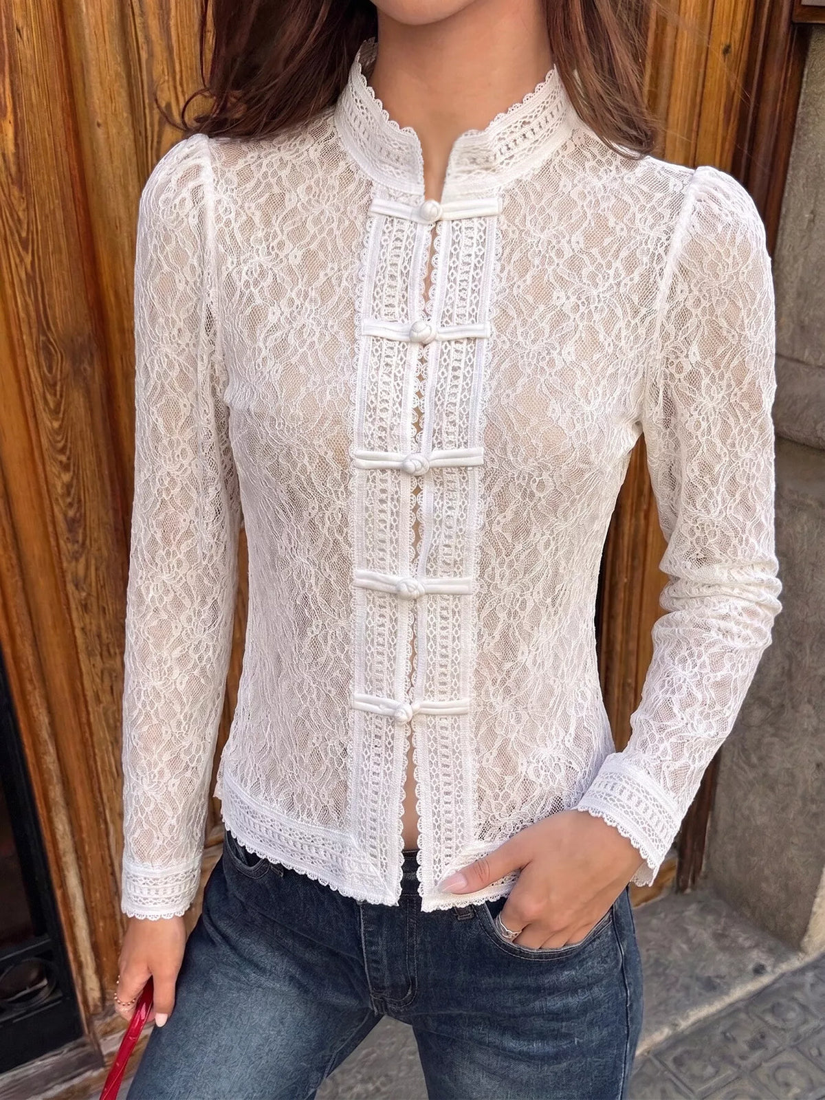 Lace mandarin-collar frog-button shirt