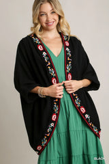 Trendsi Umgee Embroidery Open Front Kimono with Pleated Shoulder Detail -