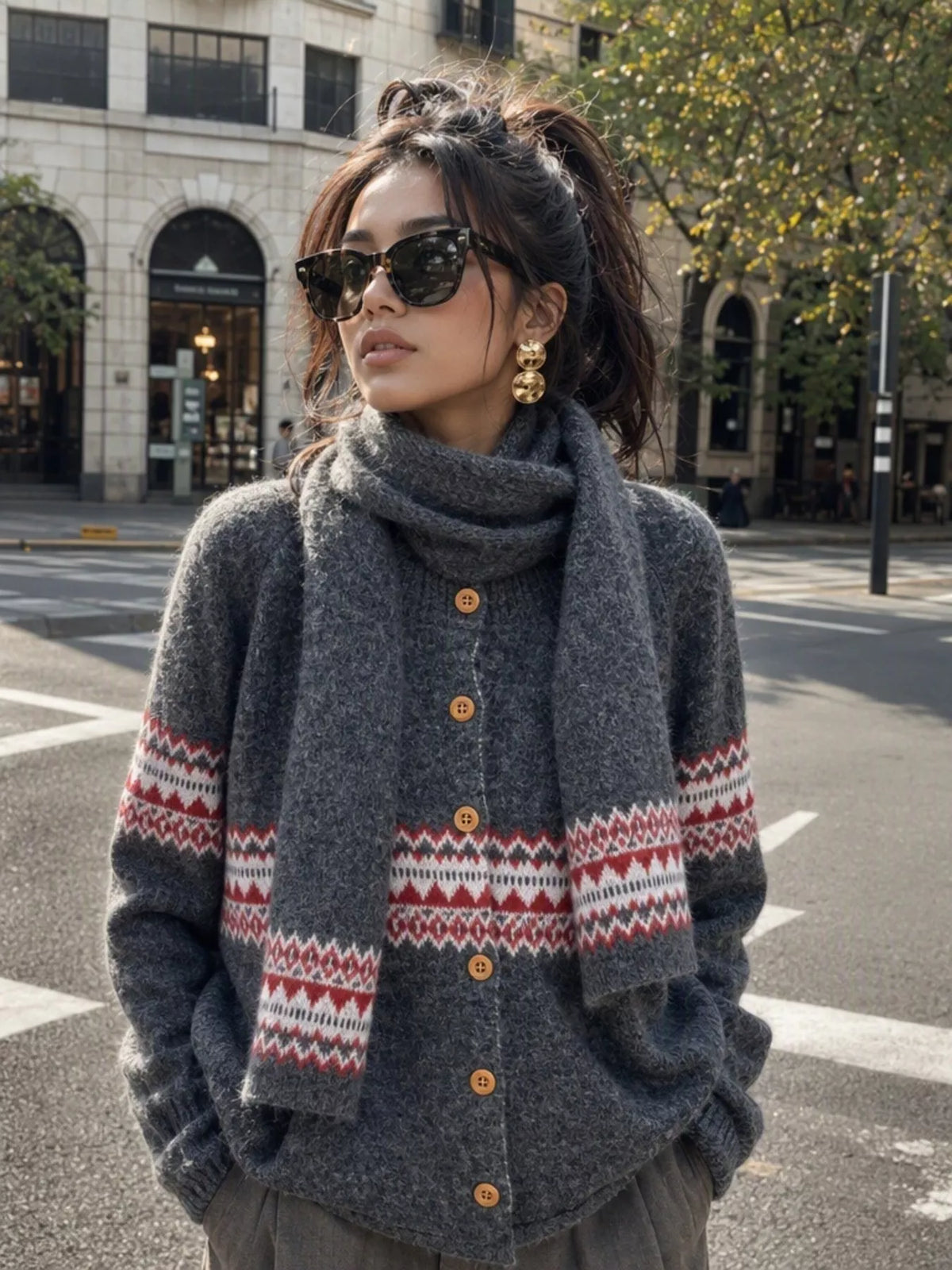 Charcoal geometric button-front knit cardigan, front view showing patterned band.