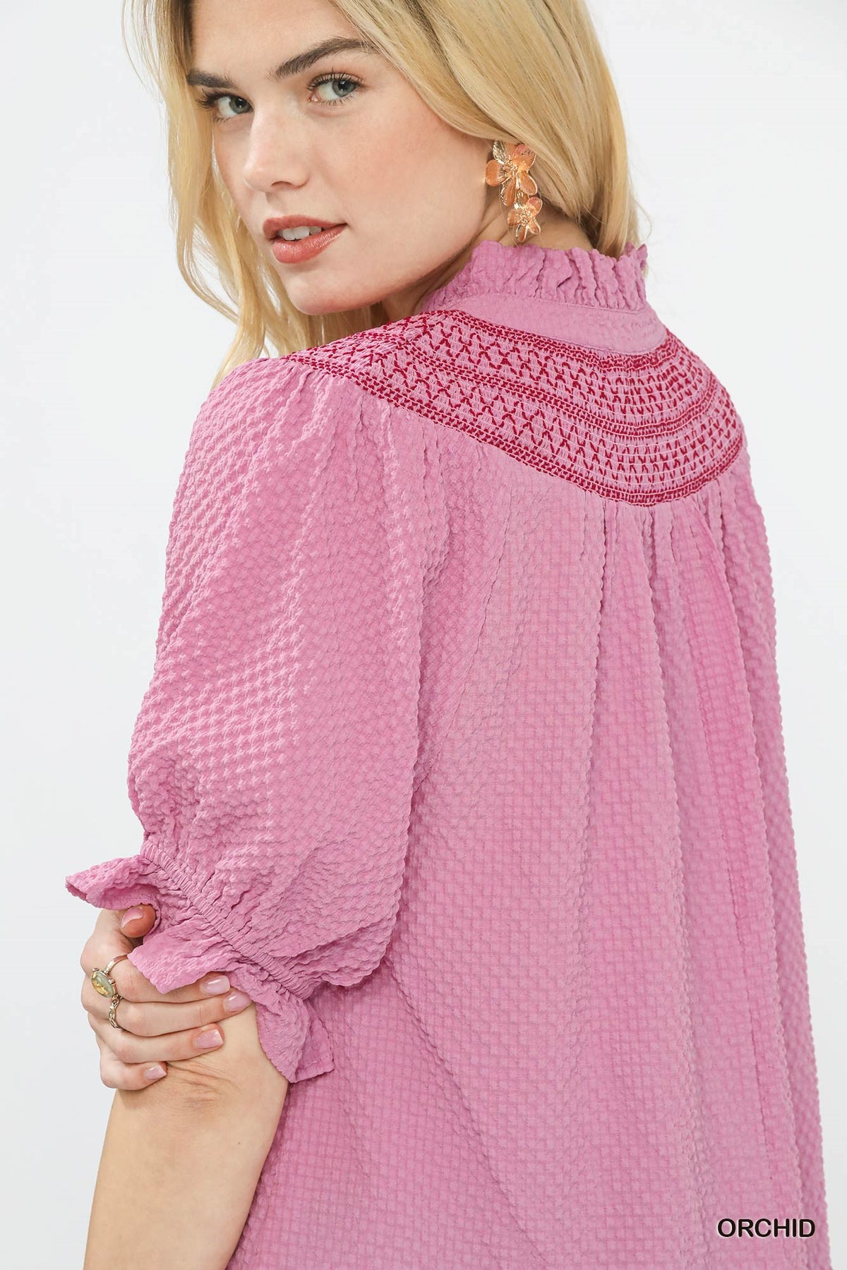 Women's Textured Henley Blouse With Lace Shoulders and Ruffle Cuffs — product view 5
