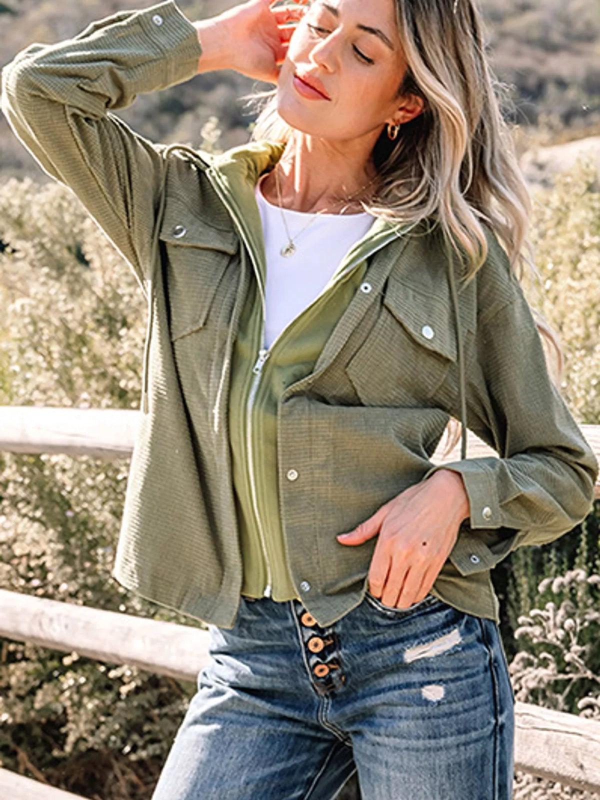 Olive textured long sleeve hooded jacket — front view