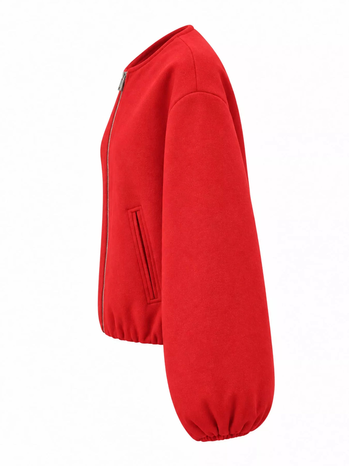 Red zip-up long sleeve jacket — side view