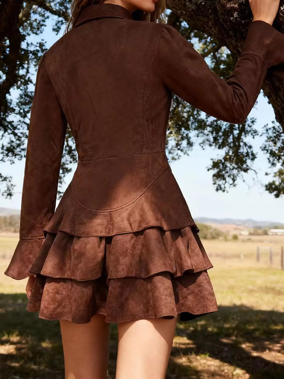 Ruffle Layered Button Front Mini Dress, back view in brown