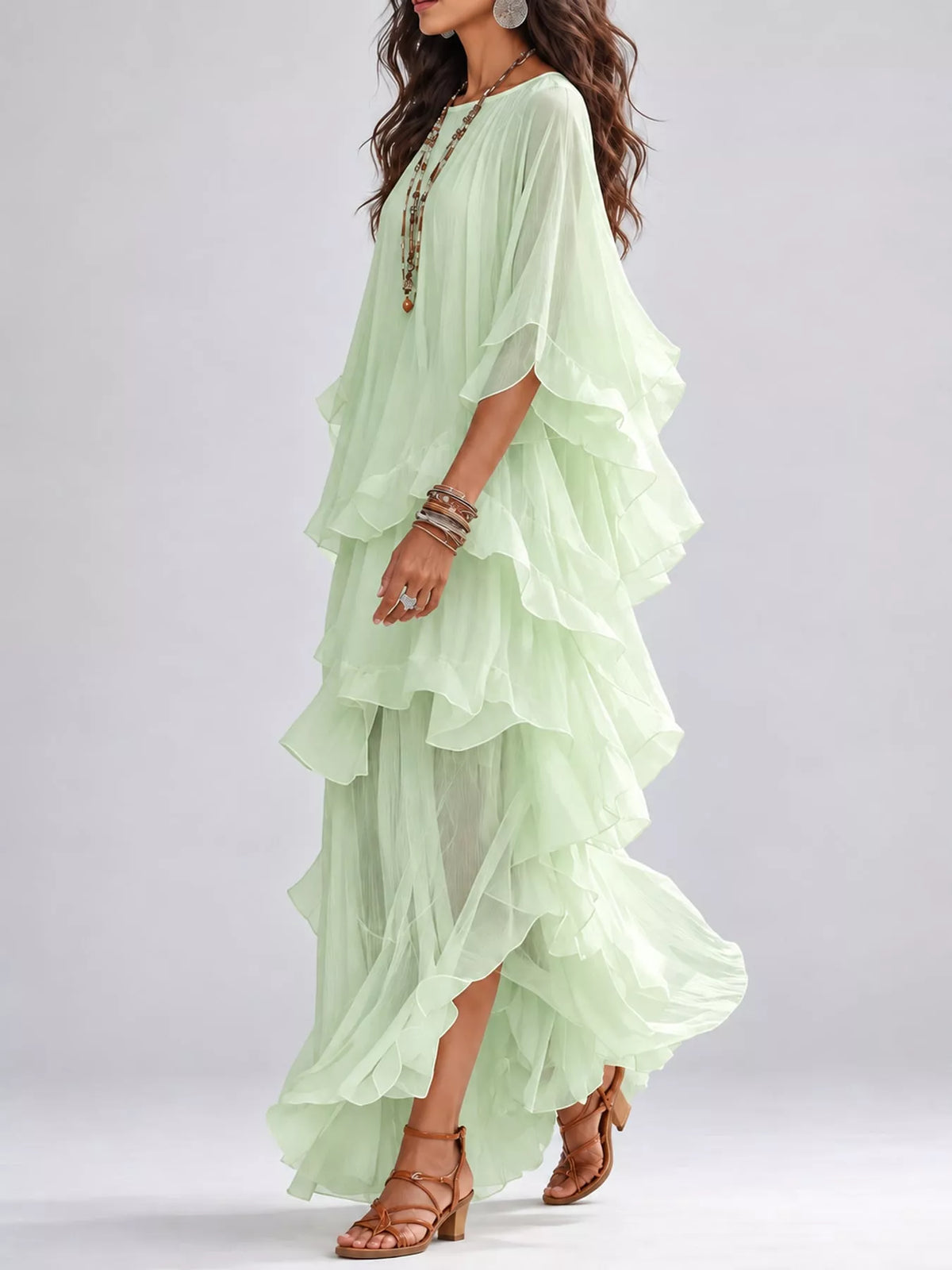 Pale green ruffled layered bohemian maxi dress, side view