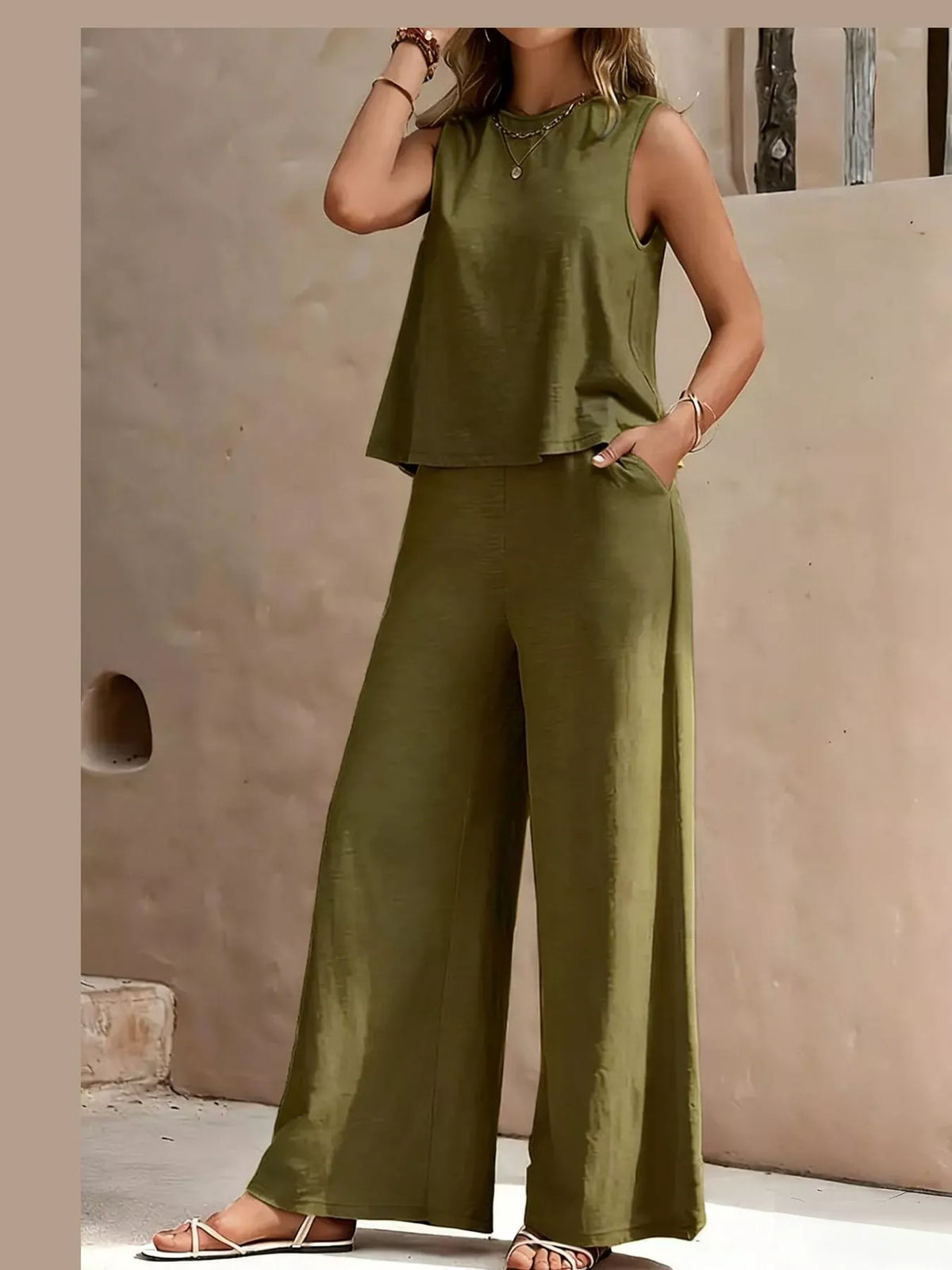 Sleeveless Tank Top and Wide-Leg Pants Set — front view
