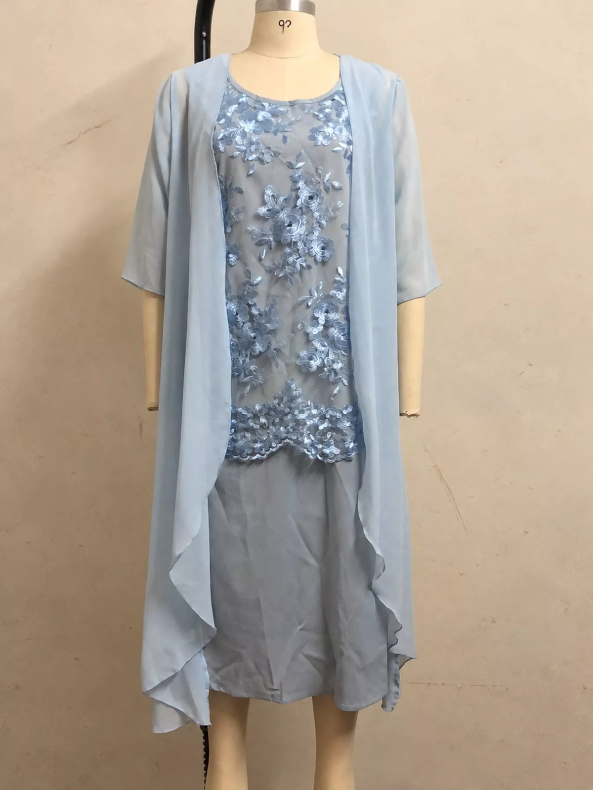 Blue lace overlay dress and chiffon cardigan set