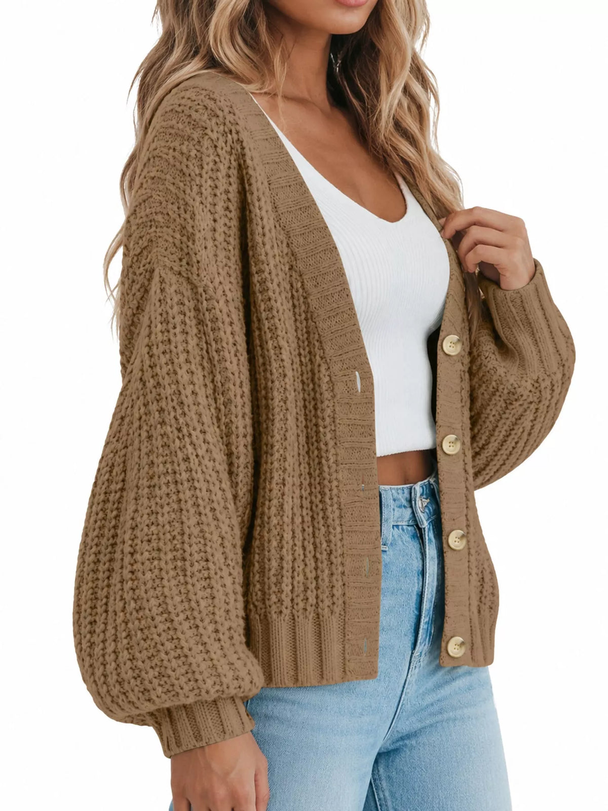 Button cardigan, khaki side