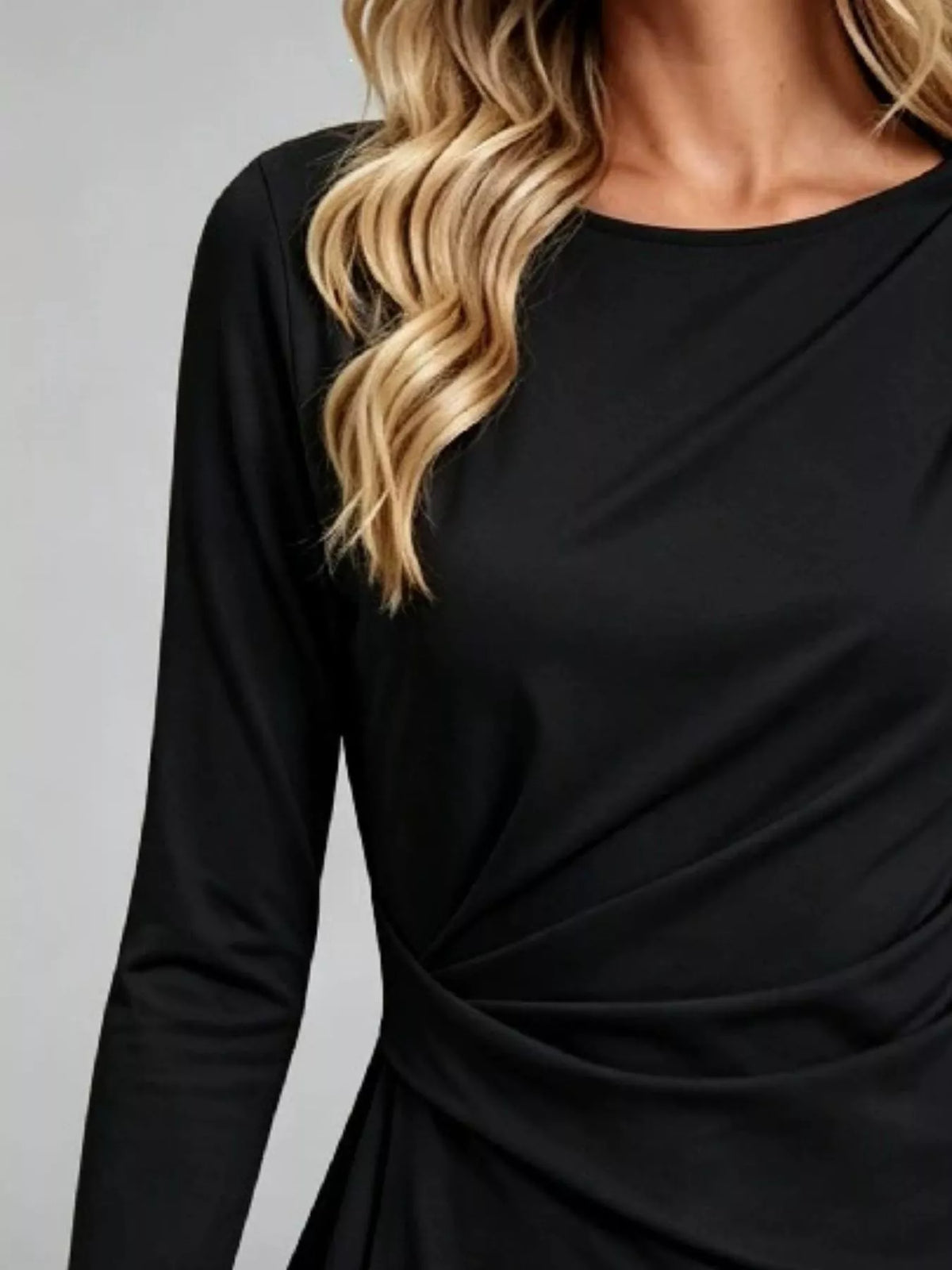 Women's Ruched Waist Long Sleeve T-Shirt in black — waist detail view
