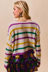 Trendsi SO ME Mardi Gras Color Stripe Lightweight Sweater Top -