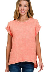 Trendsi Zenana Woven Double Gauze Acid Washed Short Sleeve Top -