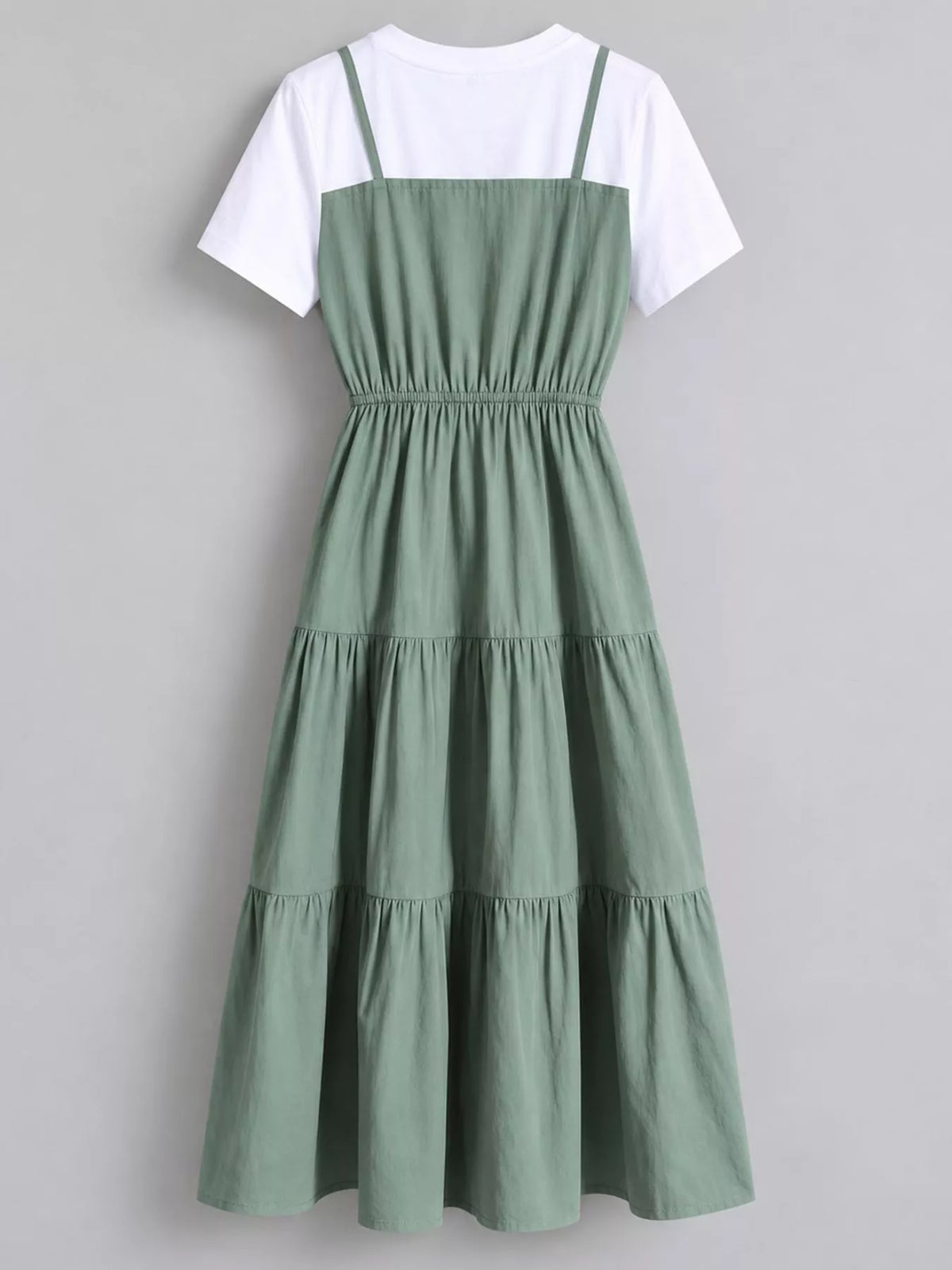 Tiered Layered Look Midi Dress, back view in green and white