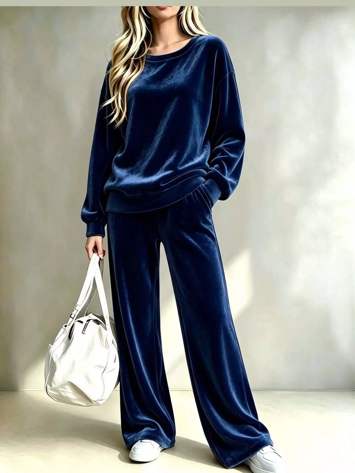 Velour Long Sleeve Top and Wide-Leg Pants Set — front view