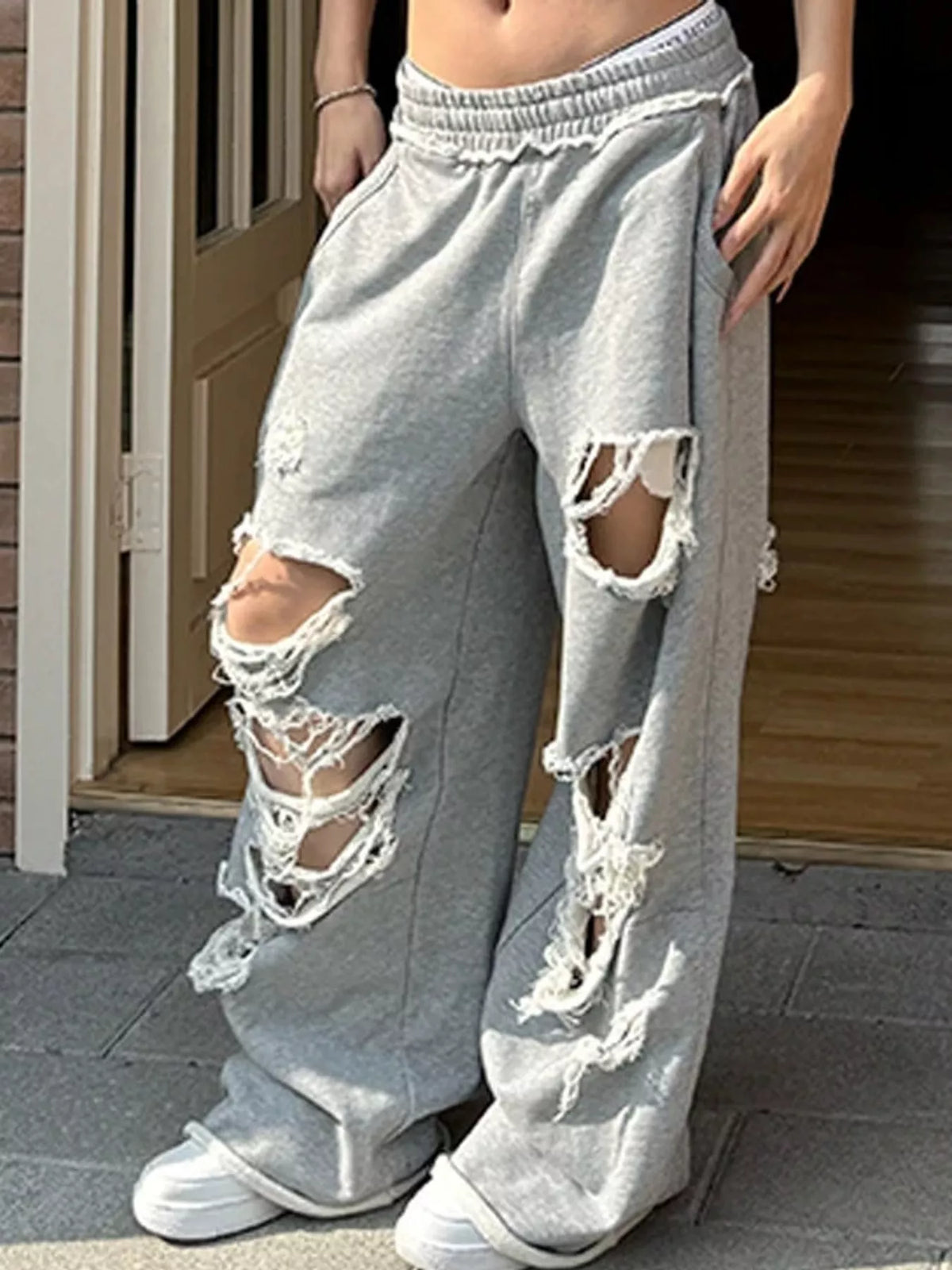 Gray distressed high-waisted wide-leg sweatpants