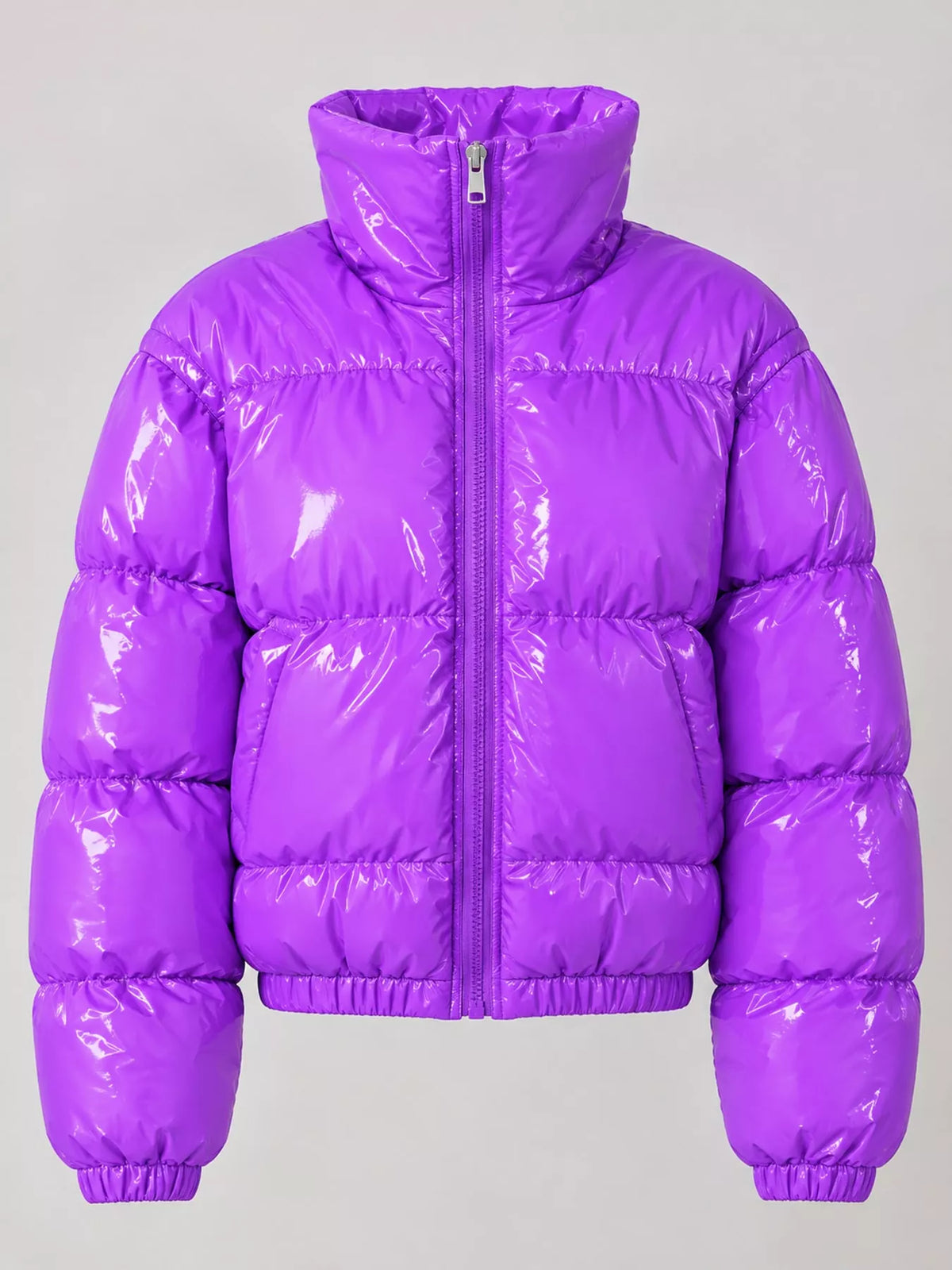 Glossy Stand-Collar Zip-Up Puffer Jacket — garment front