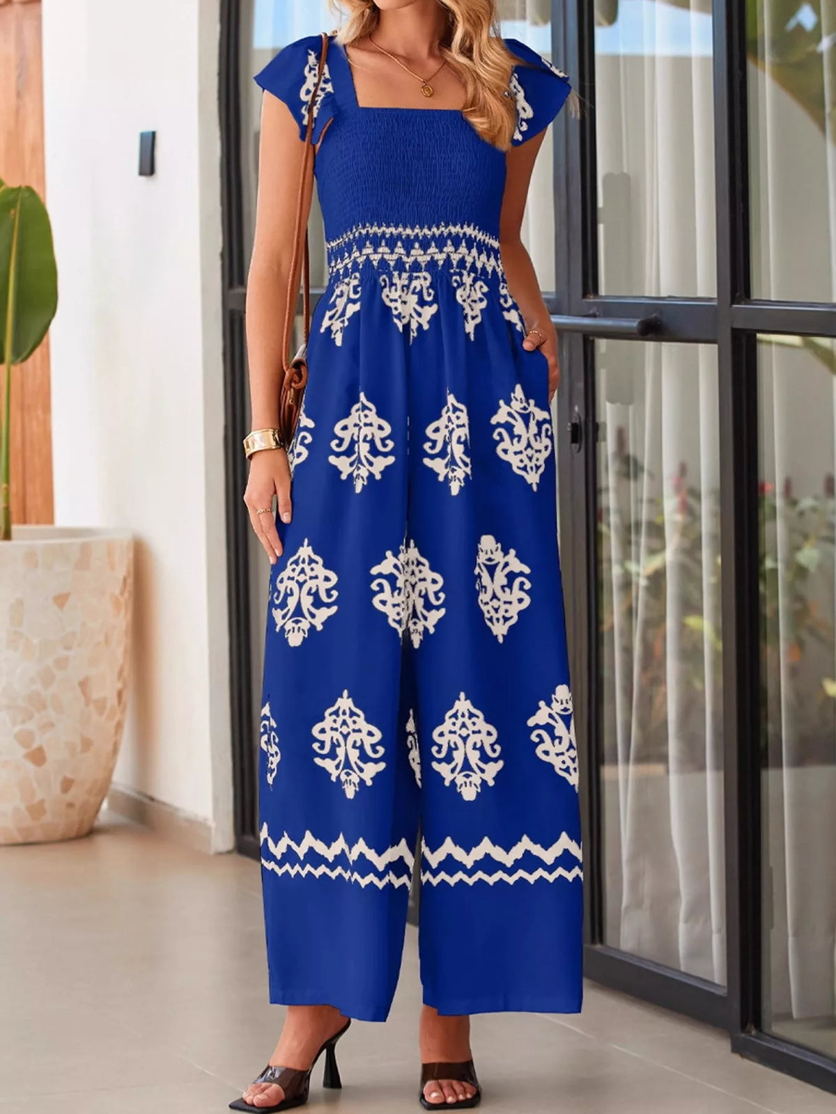 Wide-leg ornamental-print short-sleeve jumpsuit