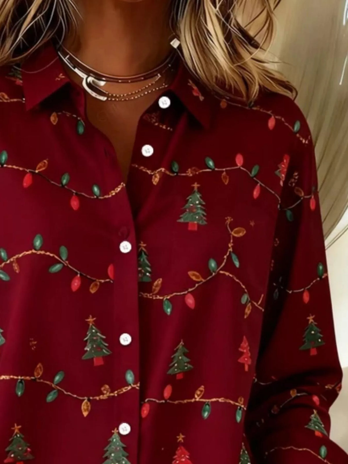 Burgundy christmas tree button-down shirt, Christmas tree and light-string print detail.