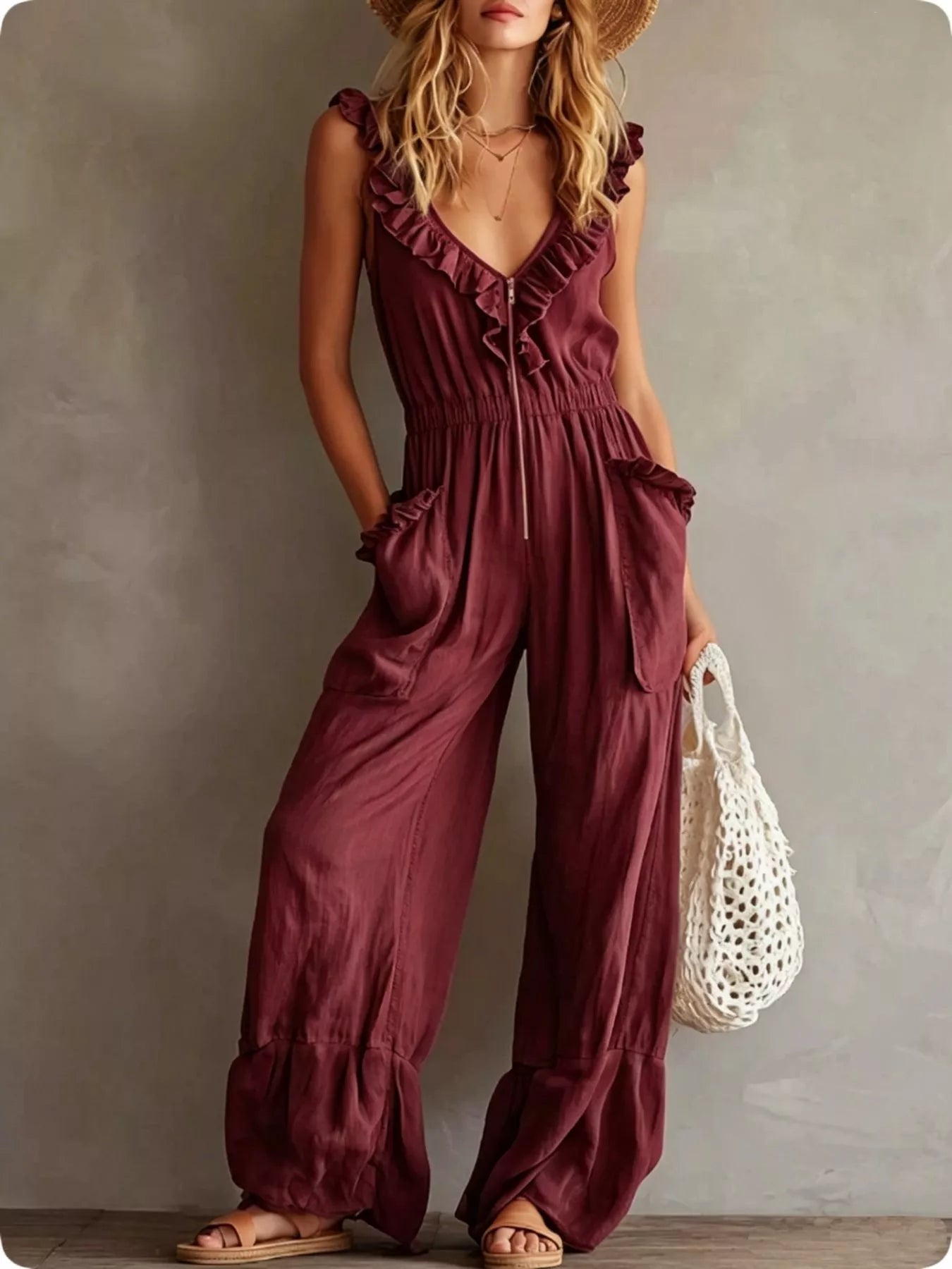 Trendsi Ruffled V-Neck Wide Leg Jumpsuit -