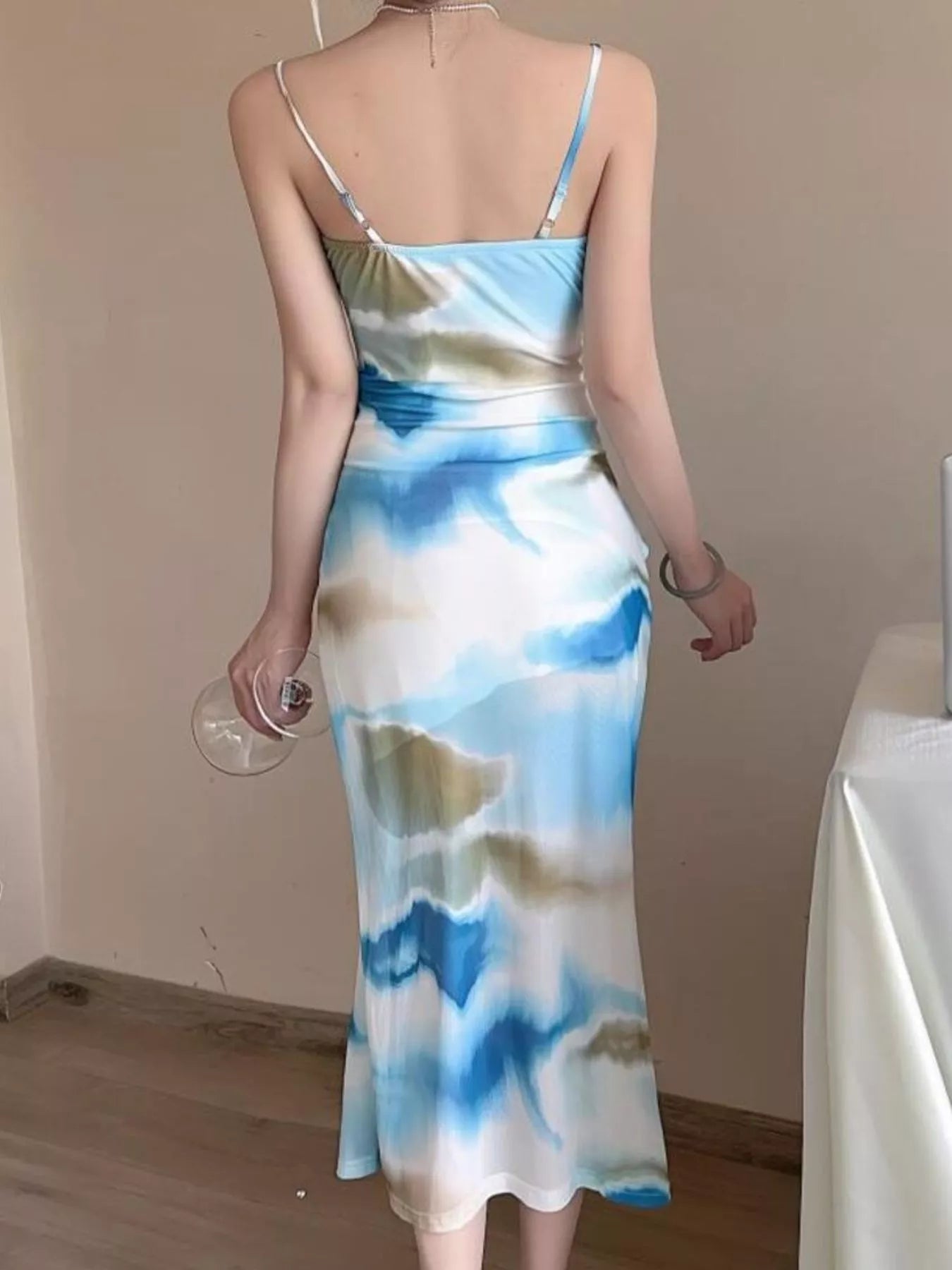 Trendsi Abstract Watercolor Print Ruched Midi Dress -