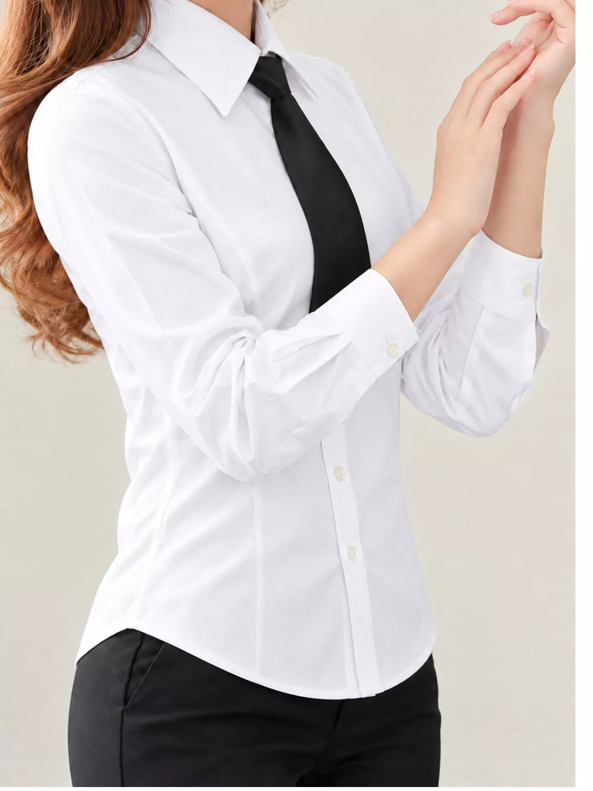 Collared long sleeve shirt, front view on model