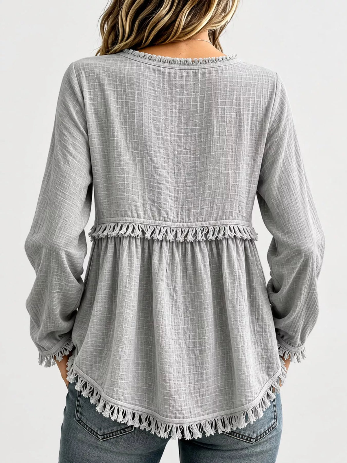 Fringe-trim blouse, gray back