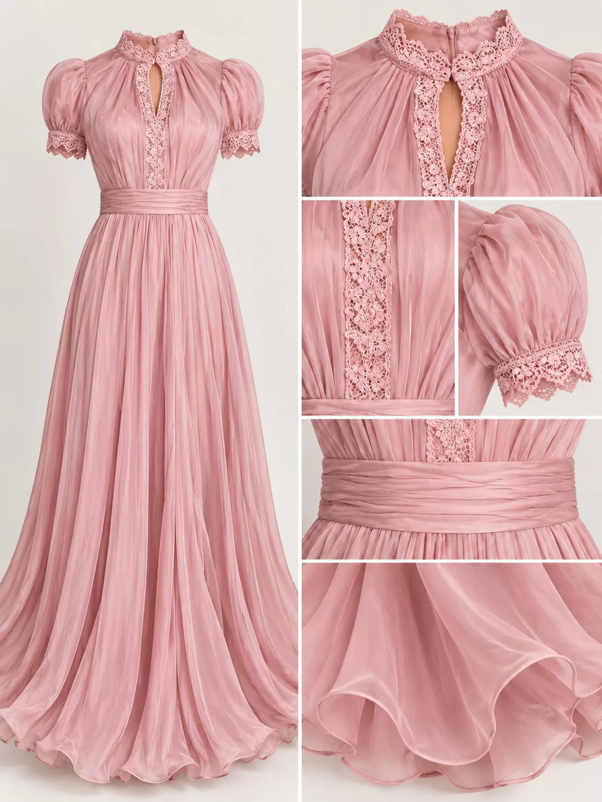 Lace Puff Sleeve Maxi Dress in pink, construction detail